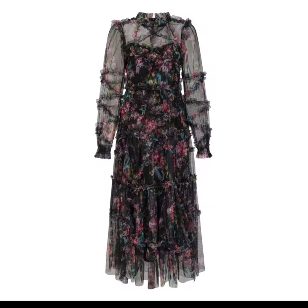 Floral Black Sheer Mesh A-Line Dress